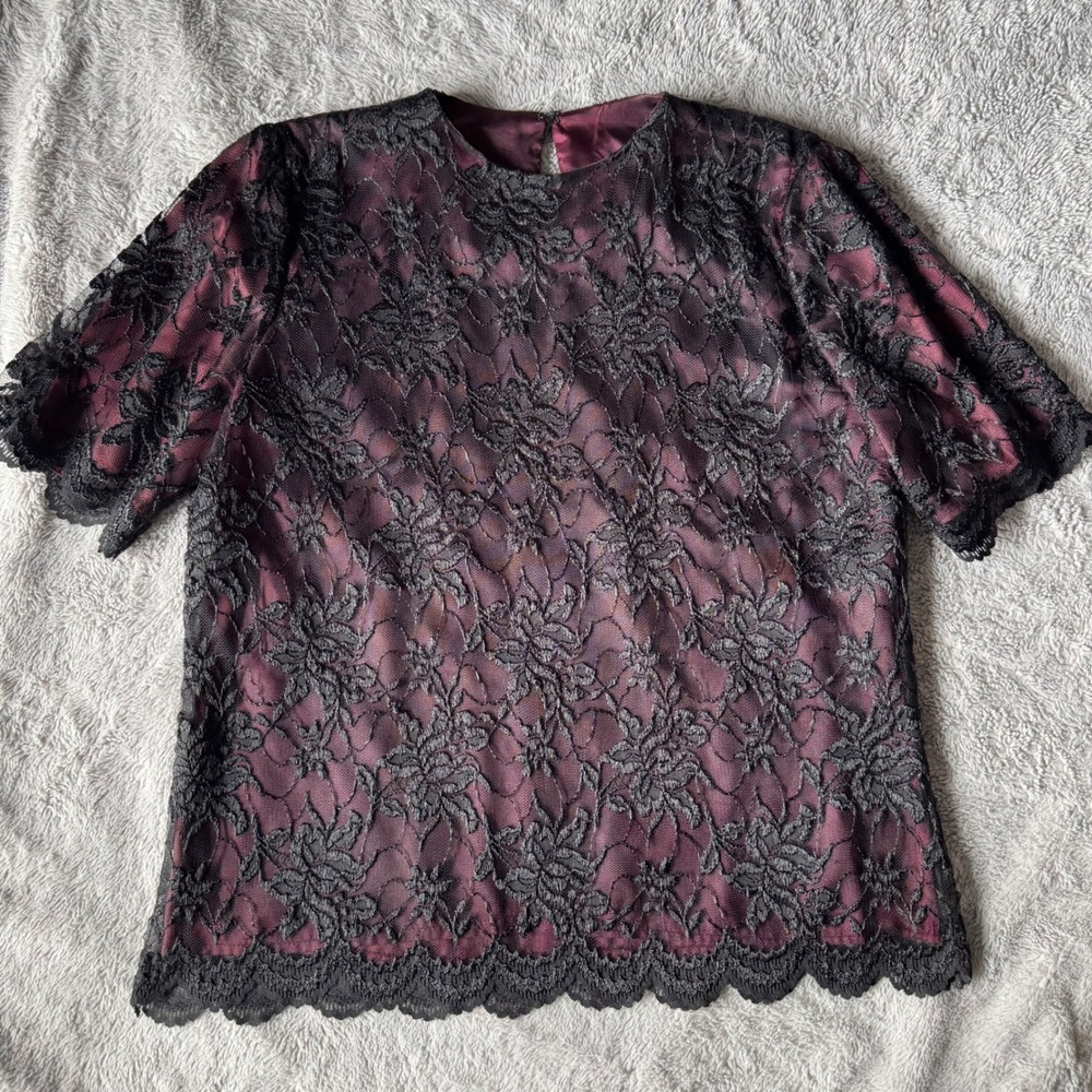 Vintage Erica Louis Lace Blouse M Burgundy Black Floral‎ Sheer Goth Romantic USA